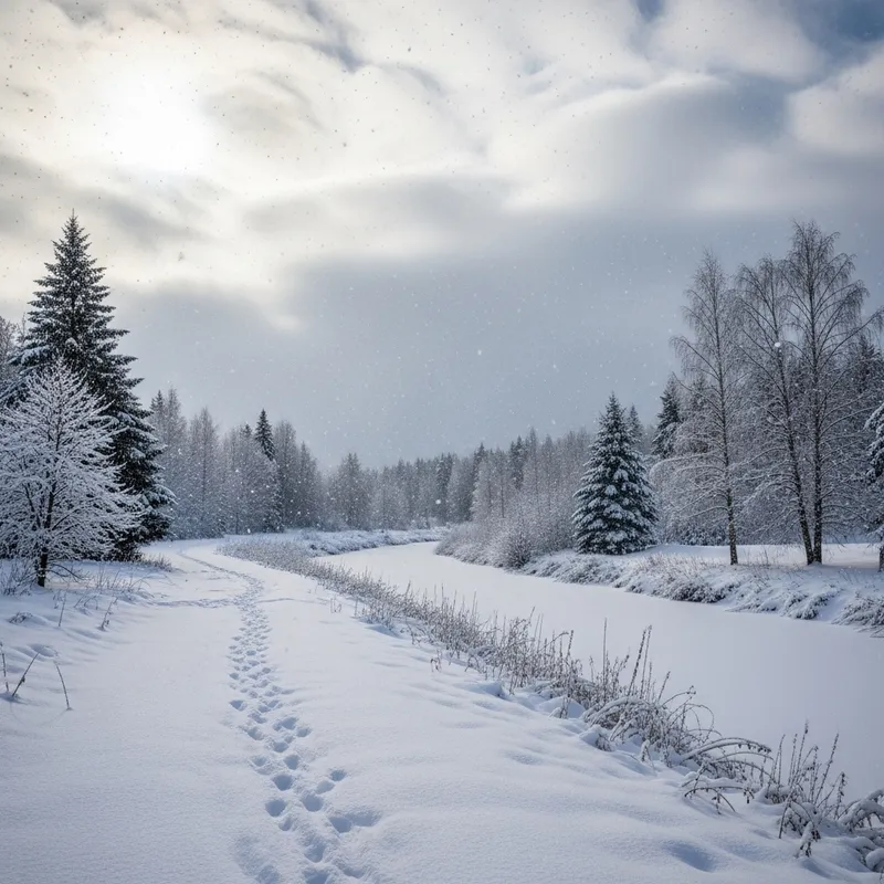 Serene Winter Landscape with Falling Snow