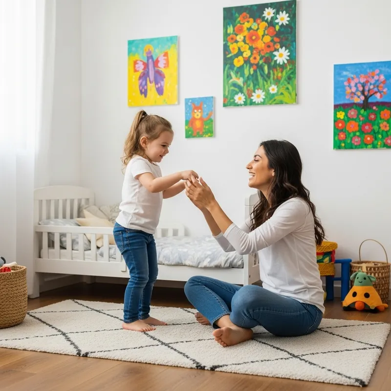 Young Woman Playing with Child in Nursery Decorated Room