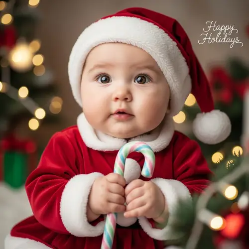 Festive Christmas Greetings Card with Adorable Asian Baby Girl