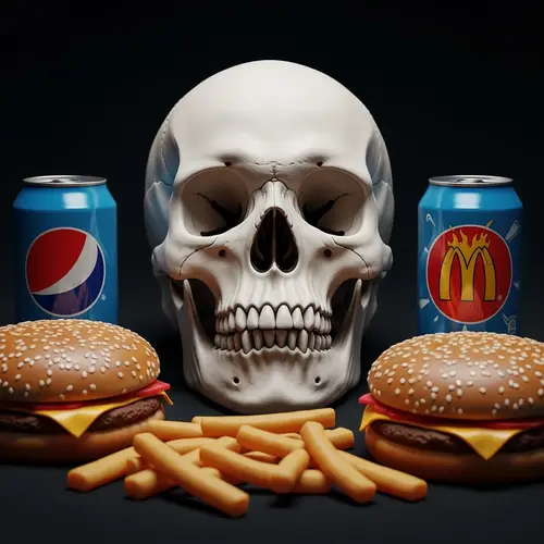 Contrast of Life and Death: Human Skull Amid Unwholesome Food
