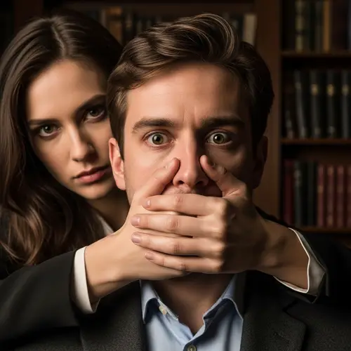 Woman Holding Hand Over Man's Mouth