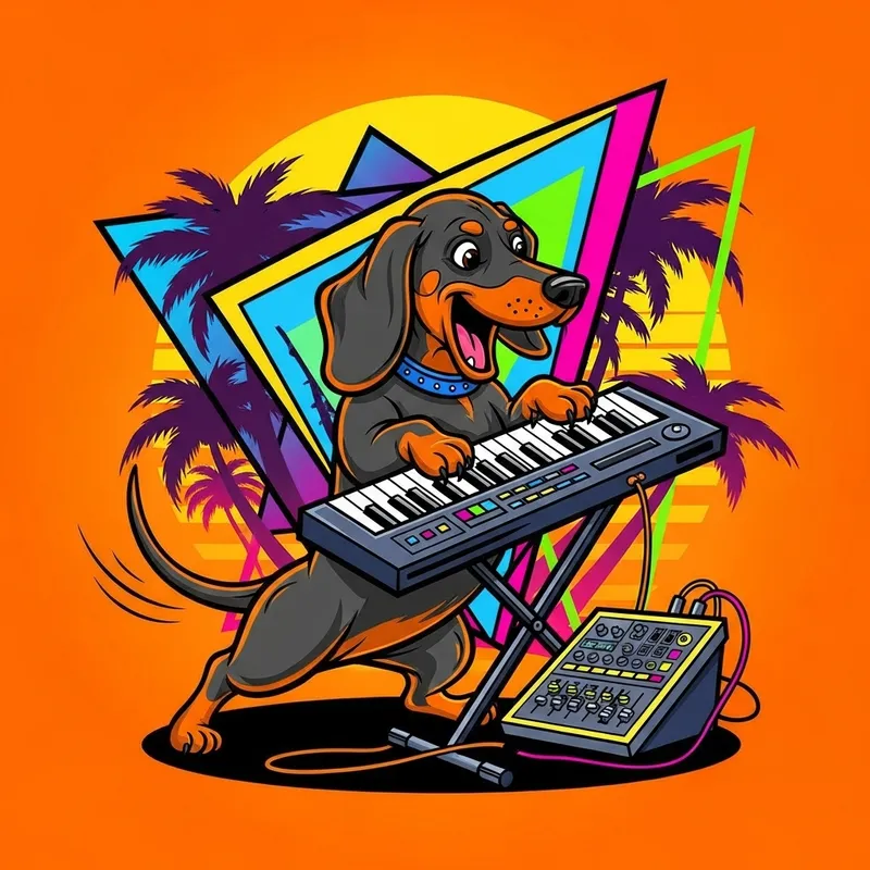 80s Retro Dachshund Keyboard Player | Energetic Cartoon Art