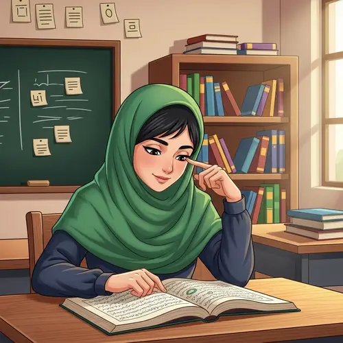 Middle-Eastern Female Student Reading Holy Quran at School