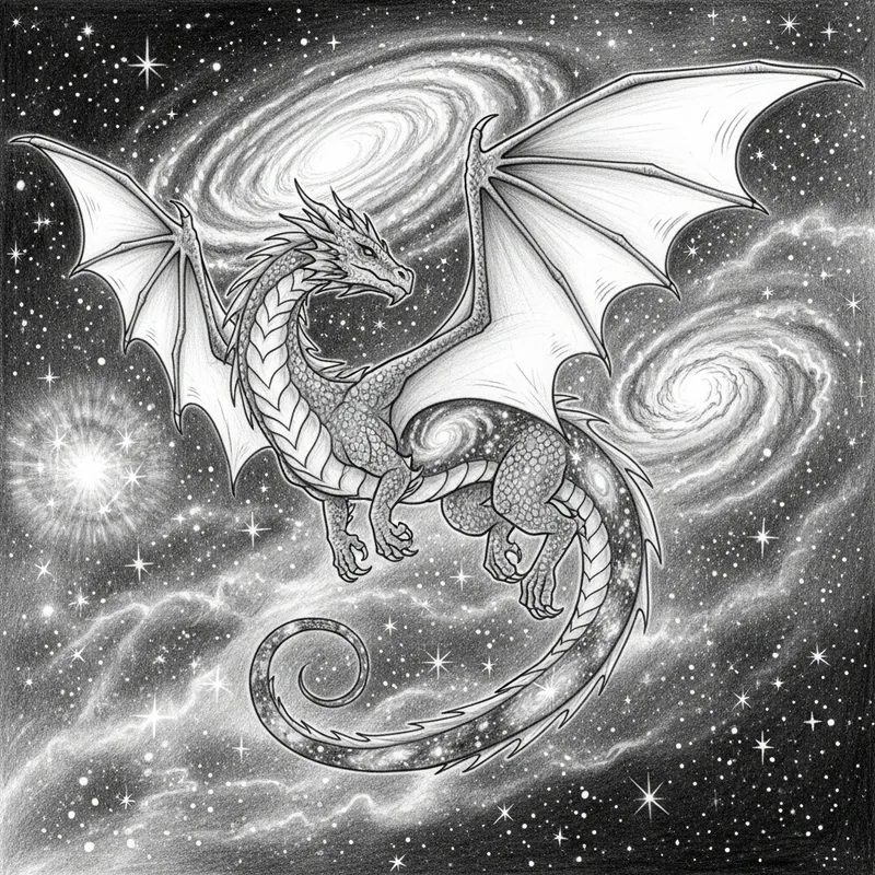 Dragon in Space Tattoo Sketch - Mystical Cosmic Beauty