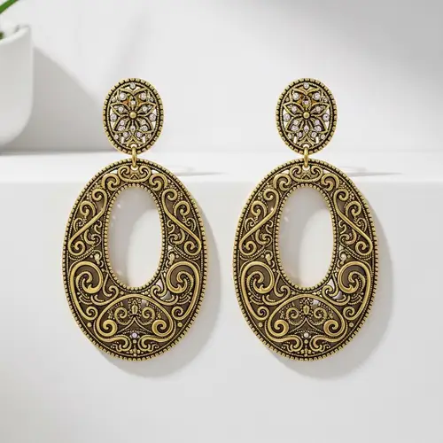 Elegant Oval Statement Earrings with Intricate Designs