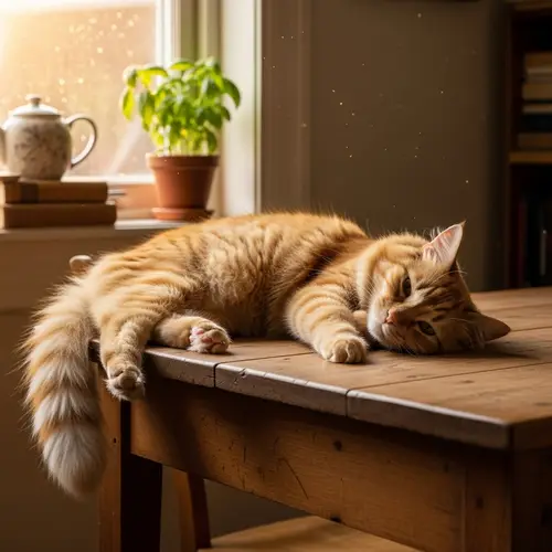 Quaint Cat Lounging on Wooden Table