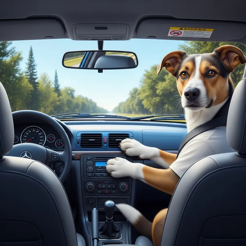 Realistic Dog Driving Car | Mischievous Sparkle, Blue Dashboard