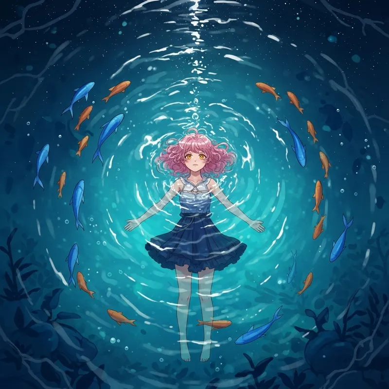 Captivating Cinematic Scene: Girl with Golden Eyes Floating in Serene Starlit Sea