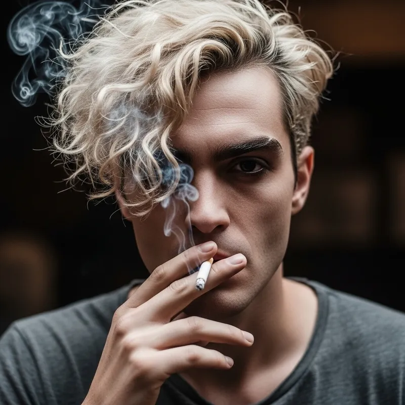 Blonde Man Smoking with Curly Eyebrows | Enigmatic Pose Blonde Man Smoking with Curly Eyebrows | Enigmatic Pose