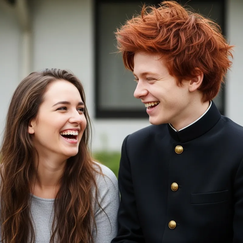 Joyful Moment: Laughing Girl and Redhead Boy in Japanese Uniform