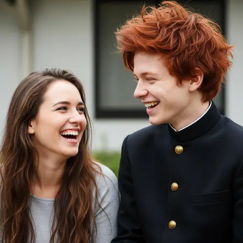 Innocent Laughter: Girl with Brown Hair and Boy in Japanese School Uniform