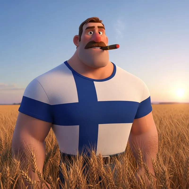 Finnish Flag Minion with Mustache in Wheat Field