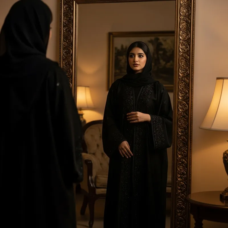 Beautiful South Asian Girl Admiring Black Abaya | Classic Elegance