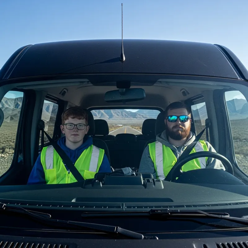 Boys in Black Van | Lime Green Reflective Vests | Redhead and Beard | Desert Landscape Boys in Black Van | Lime Green Reflective Vests | Redhead and Beard | Desert Landscape