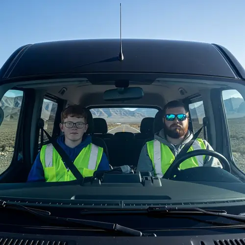 Boys in Black Van | Lime Green Vests | Redhead and Beard