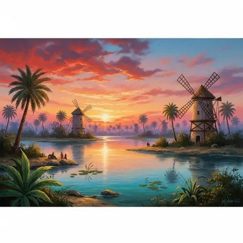 Serene Oasis Sunset Painting with Windmills - Tranquil Nature Scene