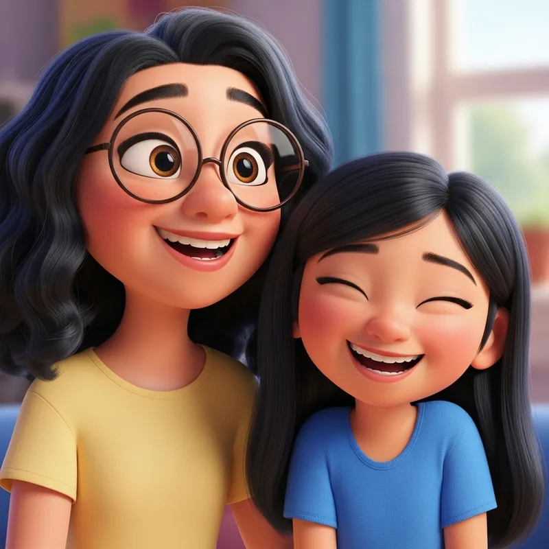 Happy Sisters with Wavy and Straight Black Hair in Pixar Animation