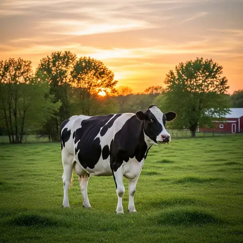 Tranquil Rural Landscape with Holstein Dairy Cow at Sunset