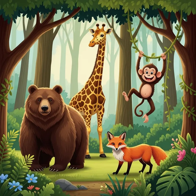 Diverse Forest Wildlife: Bear, Giraffe, Fox, Monkey Diverse Forest Wildlife: Bear, Giraffe, Fox, Monkey