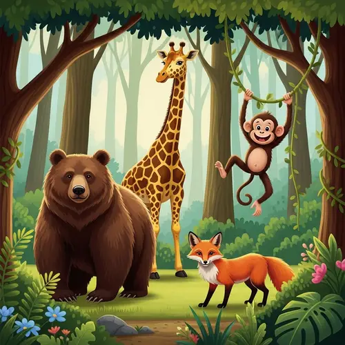 Serene Forest Wildlife Diversity - Bear, Giraffe, Fox, Monkey