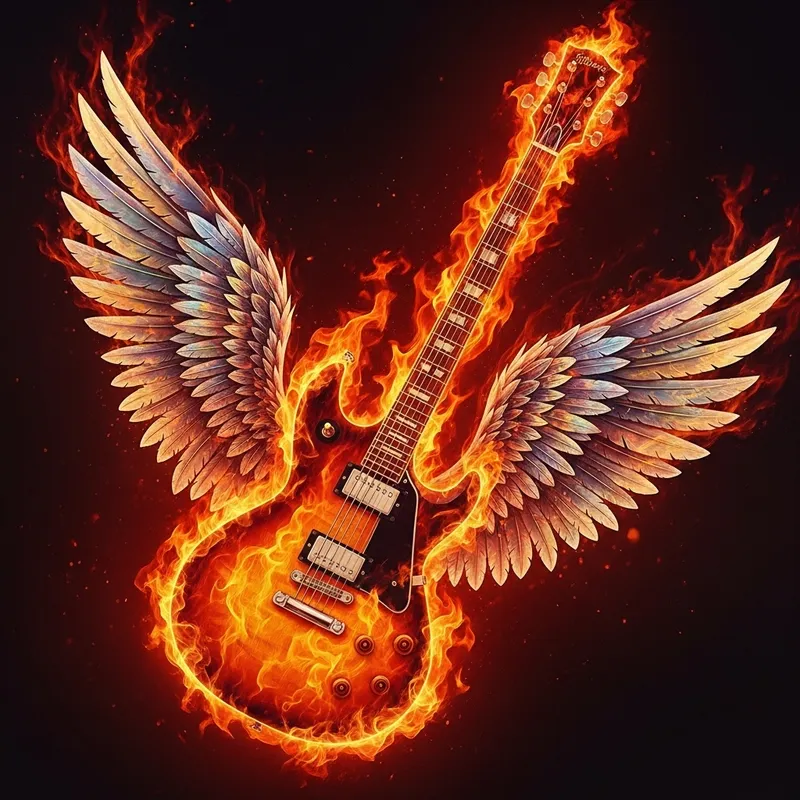 Flaming Guitar with Wings - Mystical Rock and Roll Fantasy Art