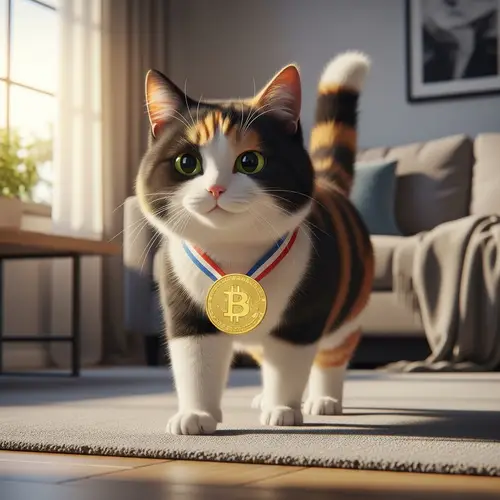 Fluffy Calico Cat with Bitcoin Medal in Modern Living Room