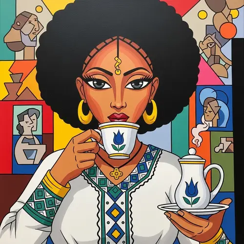 Ethiopian Woman in Cubist Painting Sipping Coffee | Geometric Embroidered Attire