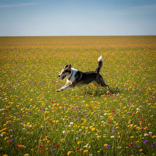 Energetic Dog Running in Colorful Field