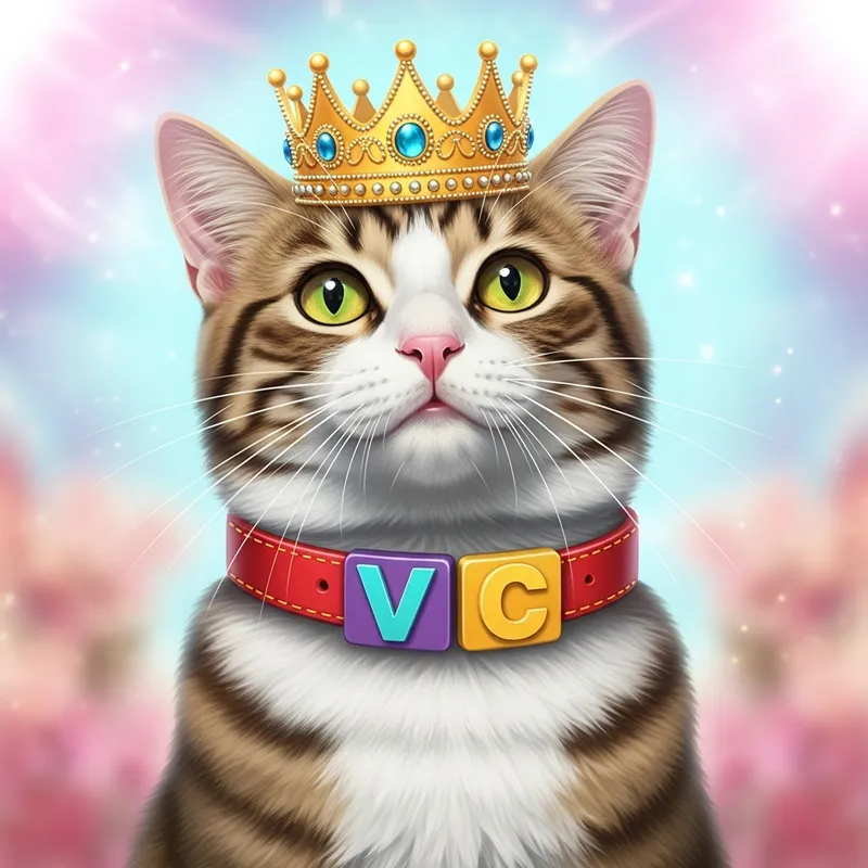 Whimsical Cat with Crown and Vibrant 'VC' Collar - Fantasy-Inspired Image Whimsical Cat with Crown and Vibrant 'VC' Collar - Fantasy-Inspired Image