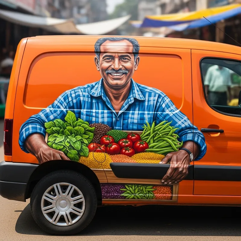 Colorful Peugeot Partner with Smiling 50-Year-Old Farmer and Fresh Vegetables