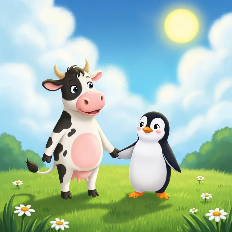 Whimsical Cow and Penguin Friendship Illustration