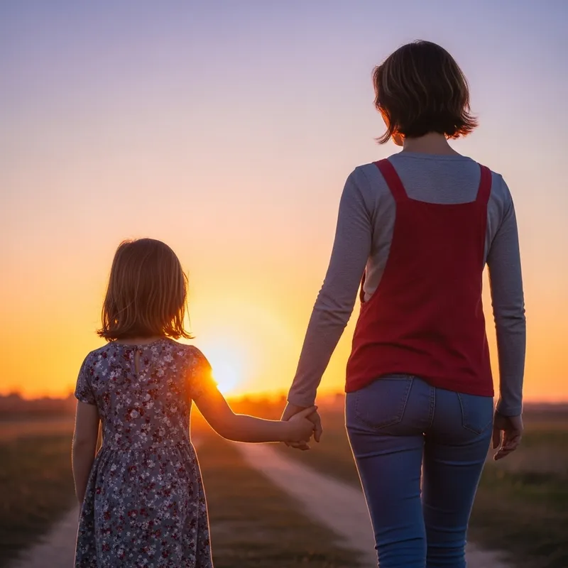 Caucasian Girl & Mother Holding Hands at Sunset | Strong Bonding Moment Caucasian Girl & Mother Holding Hands at Sunset | Strong Bonding Moment