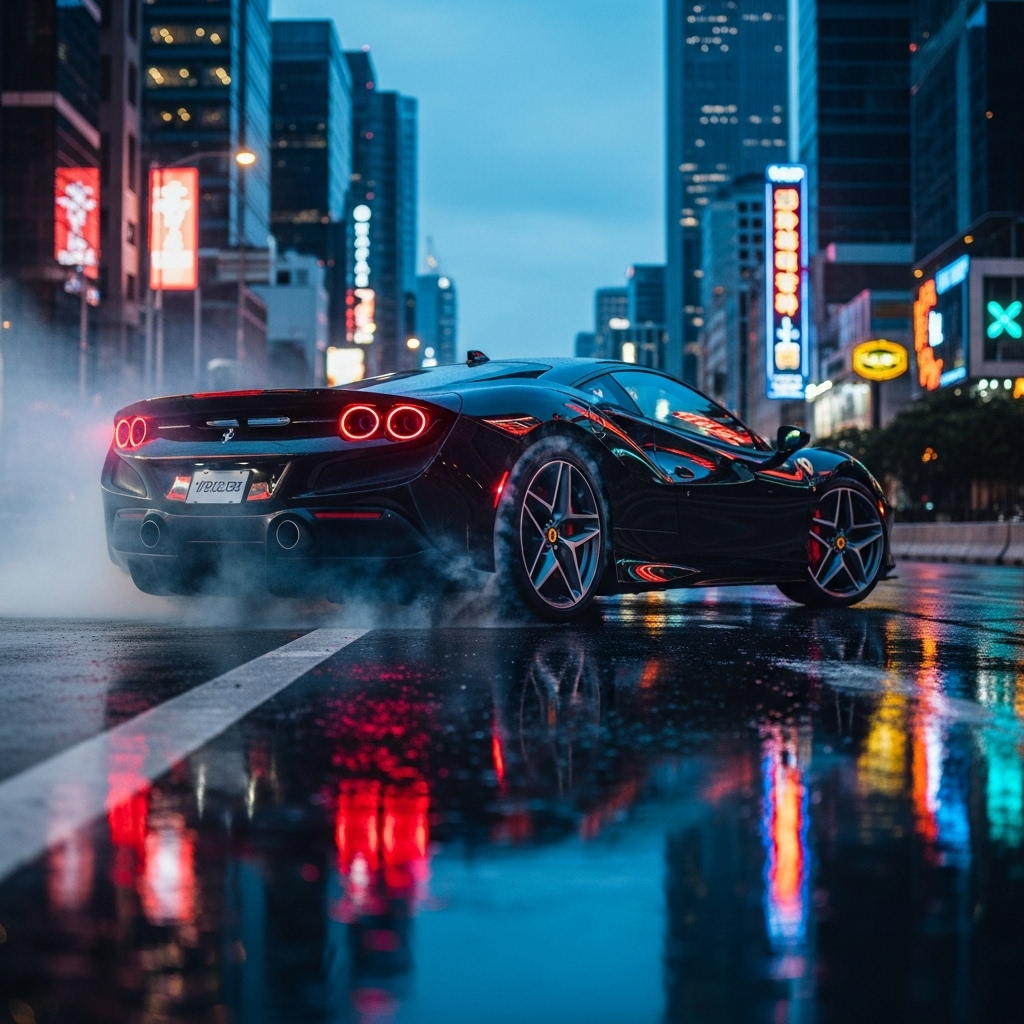 Black Ferrari Drifting At Night: Urban Breach | AI Art Generator |  Easy-Peasy.AI, image size:1024x1024