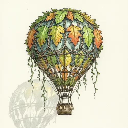 Autumn-themed Tree Leaf Hot Air Balloon | Hand-drawn Illustration