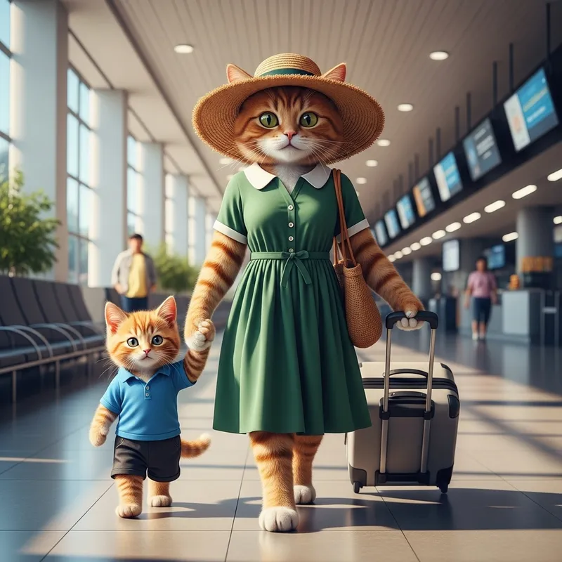 Ginger Cat and Kitten Traveling in Style - Realistic Artwork