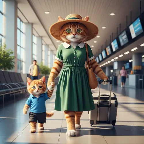 Ginger Cat and Kitten Traveling in Style - Realistic Artwork