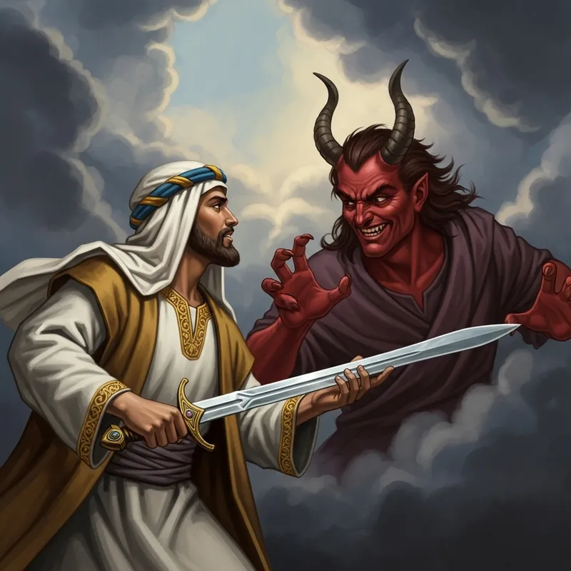 Jesus Holds Sword in Battle Against Satan