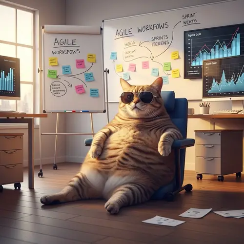Agile Feline in Modern Office Environment | Fat Cat Navigating Agile Corporate World
