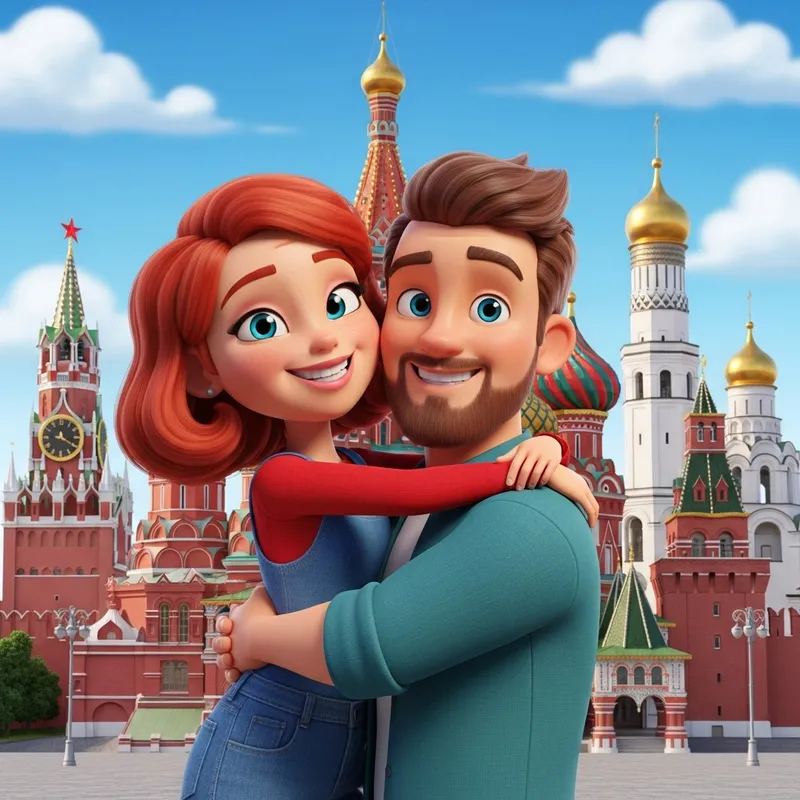 Slim Red-Haired Girl Hugging Brown-Haired Guy at the Kremlin in Vibrant 3D Style