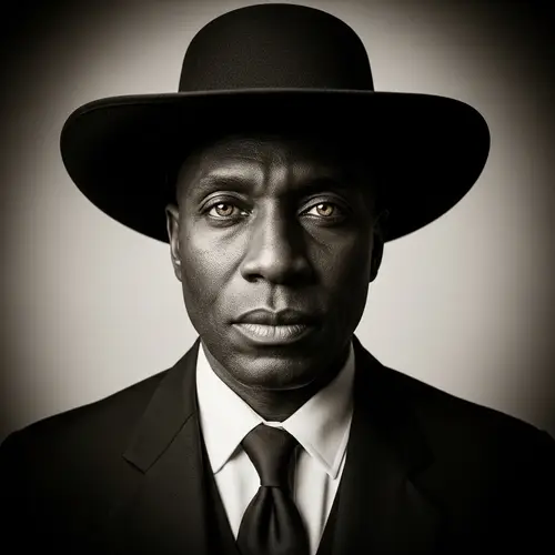 African American Western Undertaker Portrait in Dramatic Black and White Lighting
