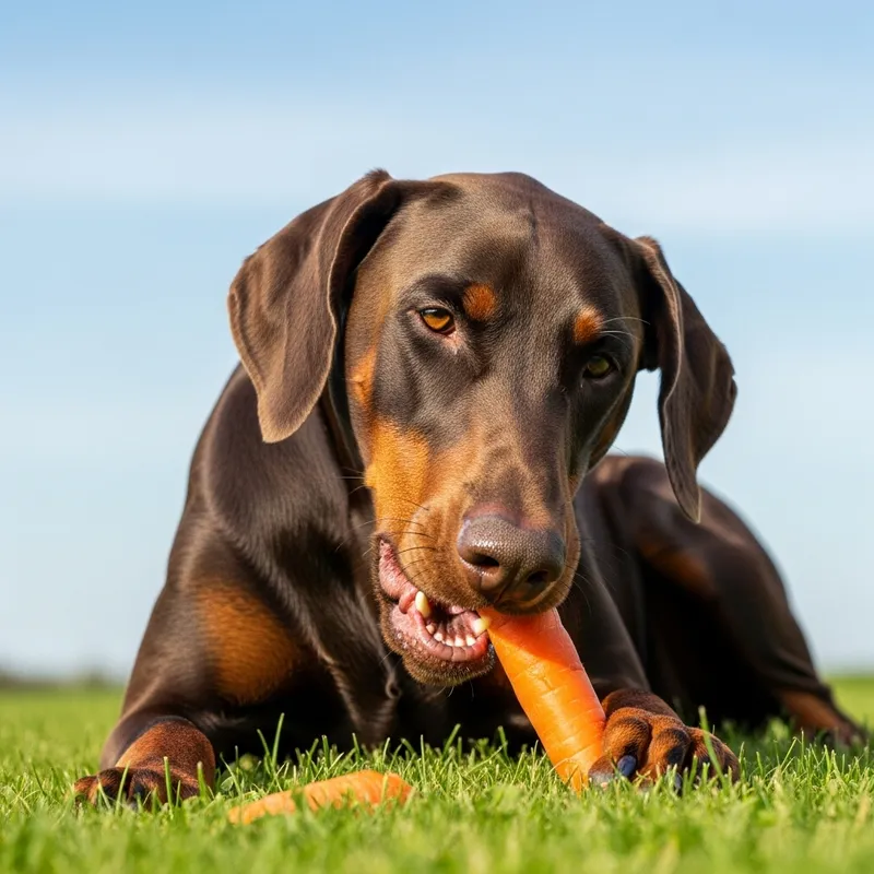 Doberman Enjoying Fresh Carrot Snack Outdoors