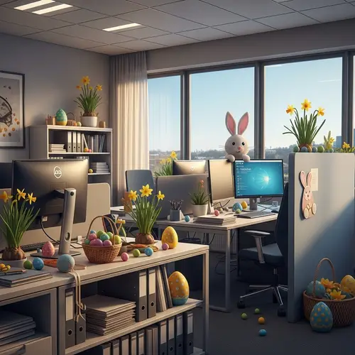 Colorful Easter Eggs and Bunny in Corporate Office