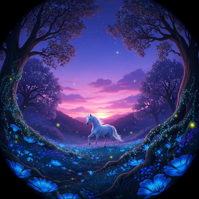 Mystical Twilight Forest with Majestic Unicorn Art Mystical Twilight Forest with Majestic Unicorn Art