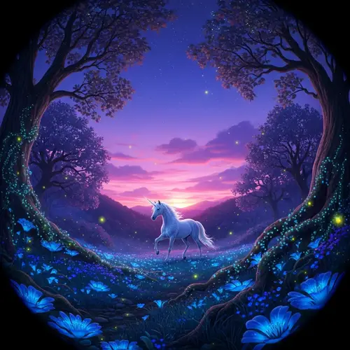 Mystical Twilight Forest with Majestic Unicorn Art