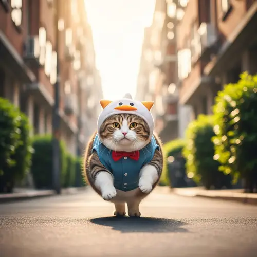 Charming Overweight Cat Playfully Running in Urban Street