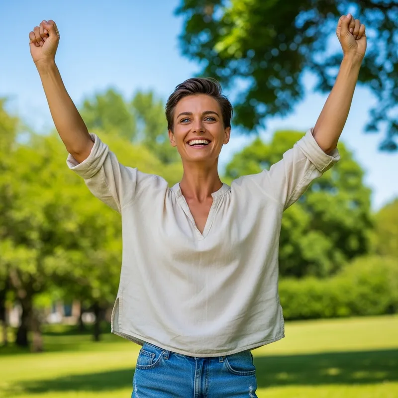 Happy Person with Radiant Smile in Park | Joy and Victory Happy Person with Radiant Smile in Park | Joy and Victory