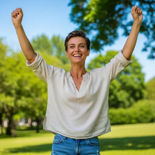 Joyous Person with Wide Smile in Park | Victory and Happiness
