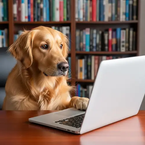 Golden Retriever Dog at Desk with Modern Laptop