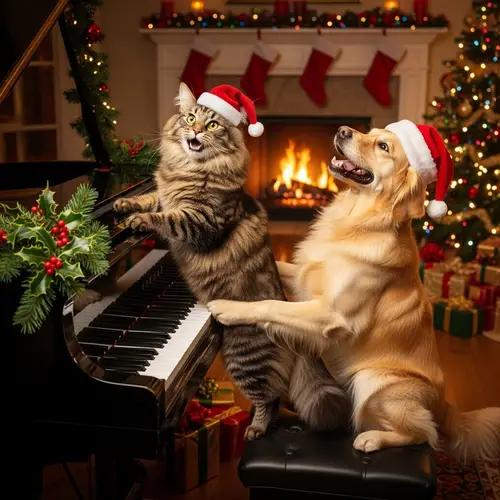 Jubilant Norwegian Cat and Golden Retriever Celebrate at Piano