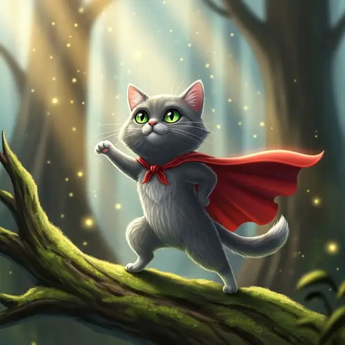 Cute Cat in Red Cape | Magical Illustration